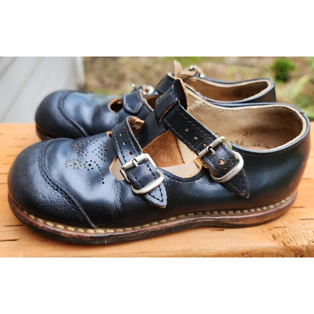 Handmade Black Leather Toddler 7.5 or 8‎ Double Buckle Mod Retro Dress Shoes